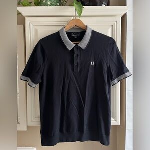 Fred Perry Black Polo Shirt Knit Cotton Checkered Trim Mens Large